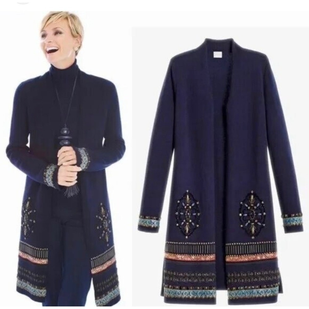 Chicos Cardigan Size 8 Navy Blue‎ Embellished Open Front Knit Boho Chic 💙💙